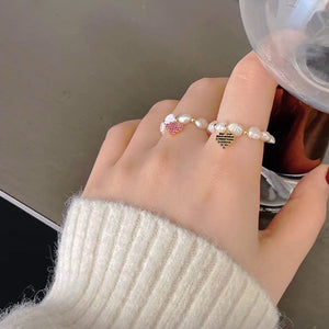 Pearl Stretch Ring With Heart Crystal